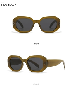 Front and side view of geometric octagonal tea sunglasses with silver rivets and black lenses