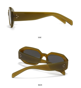 Detail view of olive green acetate sunglasses featuring classic triple metal rivets on temples