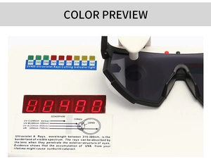 Detail showing UV400 protection test for retro oversized one-piece sunglasses