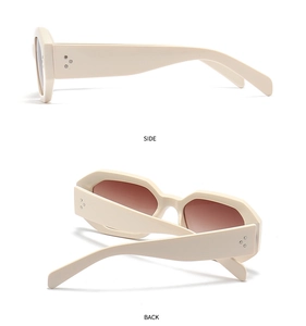 Side and back view of oval sunglasses with beige frame and silver triple rivet detail
