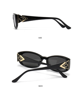 Detail of trendy butterfly sunglasses featuring gold geometric accents on black temples