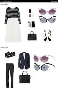 Flat lay di occhiali da sole cat-eye con outfit coordinati per donna e uomo moderni
