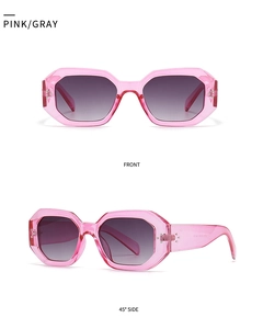 Front and side view of pink octagonal sunglasses with gradient grey lenses for women