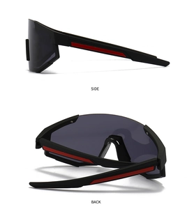 Side and back view of oversized sports sunglasses with black matte frame and red accents