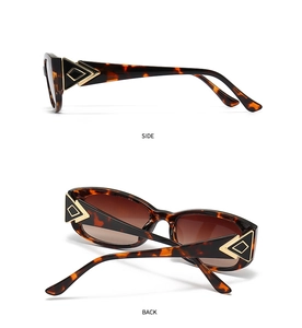 Detail of tortoise shell sunglasses with golden triangle metal hinge and brown lenses