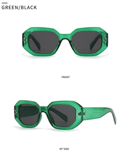 Detailed front and side views of green oval sunglasses with silver metal rivets on the temples