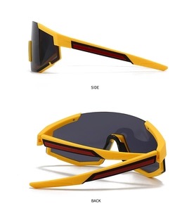 Side and back view of yellow oversized wrap around cycling sunglasses with red accents