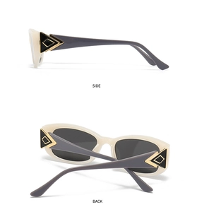 Side and back view of narrow butterfly sunglasses with cream frames and gold hinge detail