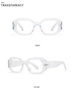 Front and 45-degree side views of modern transparent blue geometric oval sunglasses frames