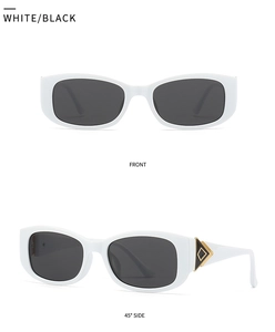 Macro detail of white butterfly sunglasses with gold triangle logo and black lenses