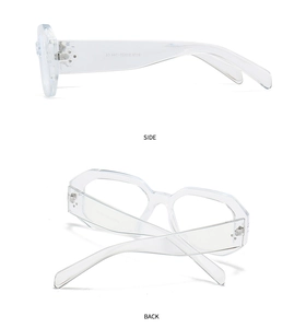 Detail view of transparent geometric sunglasses with side and back frame perspectives