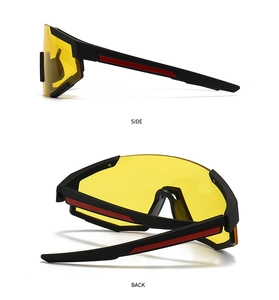 Detailed side and back views of black matte oversized sports sunglasses with yellow lenses