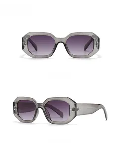 Gray geometric sunglasses with purple gradient lenses showing front and side views
