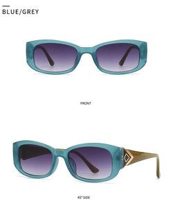 Close-up of butterfly frame sunglasses in translucent blue with gold metal temple details