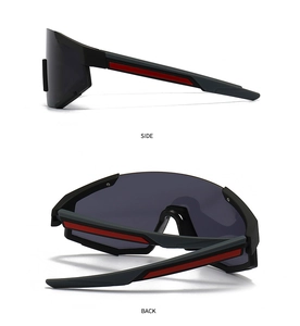 Side and back view of oversized one-piece matte black retro sunglasses with red details