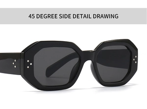 Detailed 45-degree side view of black hexagonal sunglasses with silver dot rivets
