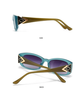 Detail view of cat eye sunglasses featuring blue resin frames and purple gradient lenses