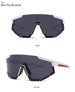 Front and 45-degree side views of black and white oversized sports sunglasses