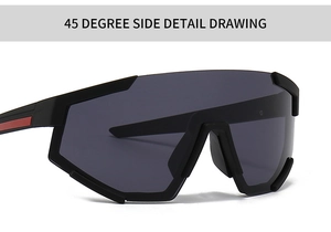 Side view of oversized wraparound sunglasses with matte black frame and red temple detail
