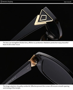Detailed macro view of black butterfly sunglasses featuring gold triangular temple accents