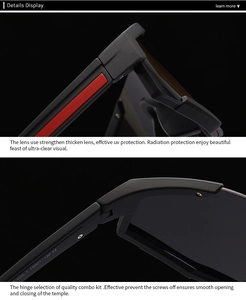 Detail of matte black sunglasses frame with red accents and durable metal hinges