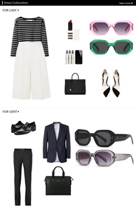 Fashion layout showing elegant hexagon sunglasses with women and men clothing sets