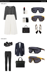 Flat lay of oversized shield sunglasses with stylish men's suit and women's fashion outfits