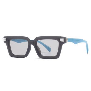 Retro square frame sunglasses in matte grey with light blue temples and clear lenses