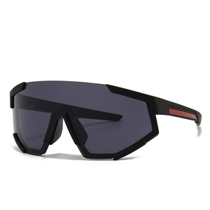 Oversized wrap-around shield sunglasses with matte black frames and red stripe detail