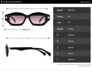 Detailed dimension chart for geometric sunglasses showing frame width and lens size