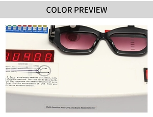 Polygon black frame sunglasses with pink purple gradient lenses tested for UV400 protection