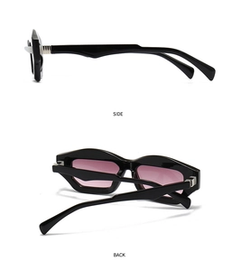 Detailed side and back views of geometric sunglasses with thick black frames and pink lenses