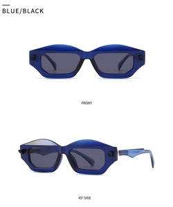 Detail of chunky geometric sunglasses in blue and black with dark grey lenses