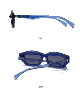 Detailed side and back view of polygon sunglasses with blue translucent frames