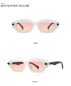 Front and 45-degree views of geometric sunglasses with white matte frames and gradient lenses