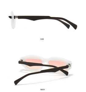 Detail view of white geometric sunglasses with pink lenses and silver temple accents