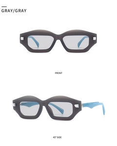 Detailed views of grey polygon sunglasses with blue arms from front and side angles