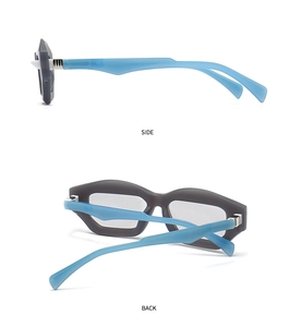 Detail view showing side and back angles of geometric sunglasses with blue temples