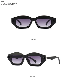 Front and 45-degree side view of geometric black polygon sunglasses with grey gradient lenses