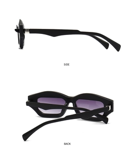 Detailed side and back view of polygon sunglasses with purple gradient lenses