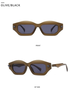 Front and 45-degree side views of geometric olive green hexagonal sunglasses