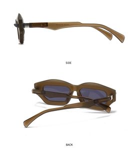 Detailed side and back views of tortoiseshell polygonal sunglasses with dark grey lenses