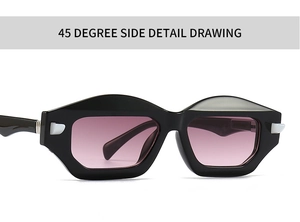 Close-up of the black thick geometric frame with lavender lenses and temple hinge detail