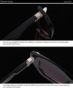 Detail view of durable metal hinges and reinforced UV protection lenses on black sunglasses