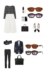 Flat lay of vintage polygonal sunglasses with stylish outfits for men and women