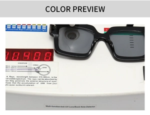 Blue light blocking ink-pattern glasses tested on professional anti-UV detector