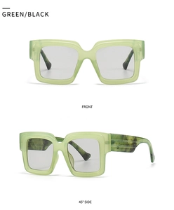 Front and 45-degree side view of translucent green blue light blocking glasses