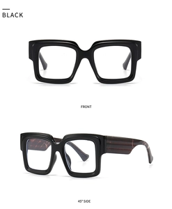 Front and side view of thick square black glasses frame with marble tortoise temples