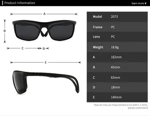 Detailed size chart with measurements for classic square polarized men's sunglasses