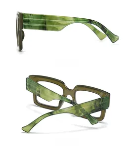 Detail view showing side and back profiles of green marble acetate glasses frames